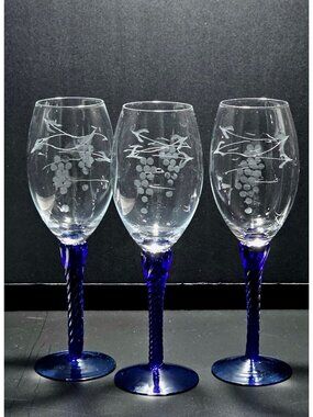 4 Wine Glasses Etched Grapes cobalt blue twist stem glass decorative elegance 8"